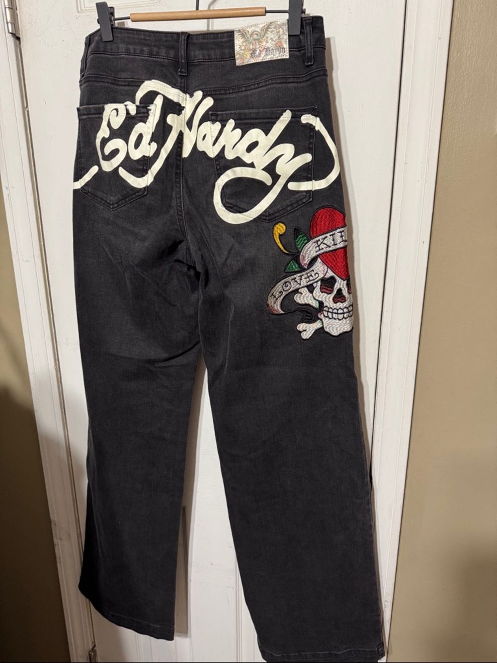 Ed Hardy Black Jeans with Red Heart Skull Patch